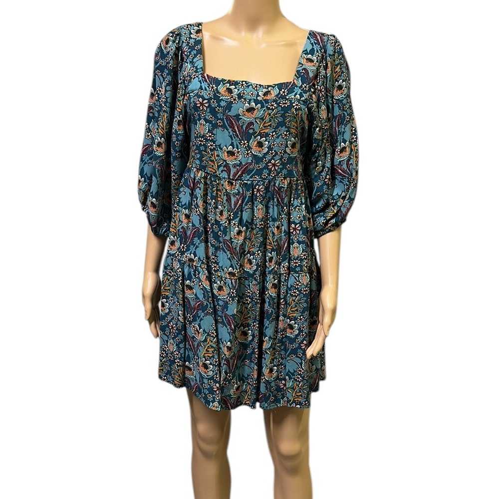 Maurices Floral Babydoll Tie Waist Square Neck 3 Quarter Sleeve Rayon Dress M